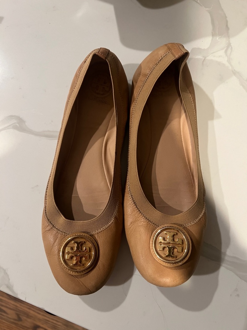 Tory Burch Caramel Leather Logo Ballet Flats